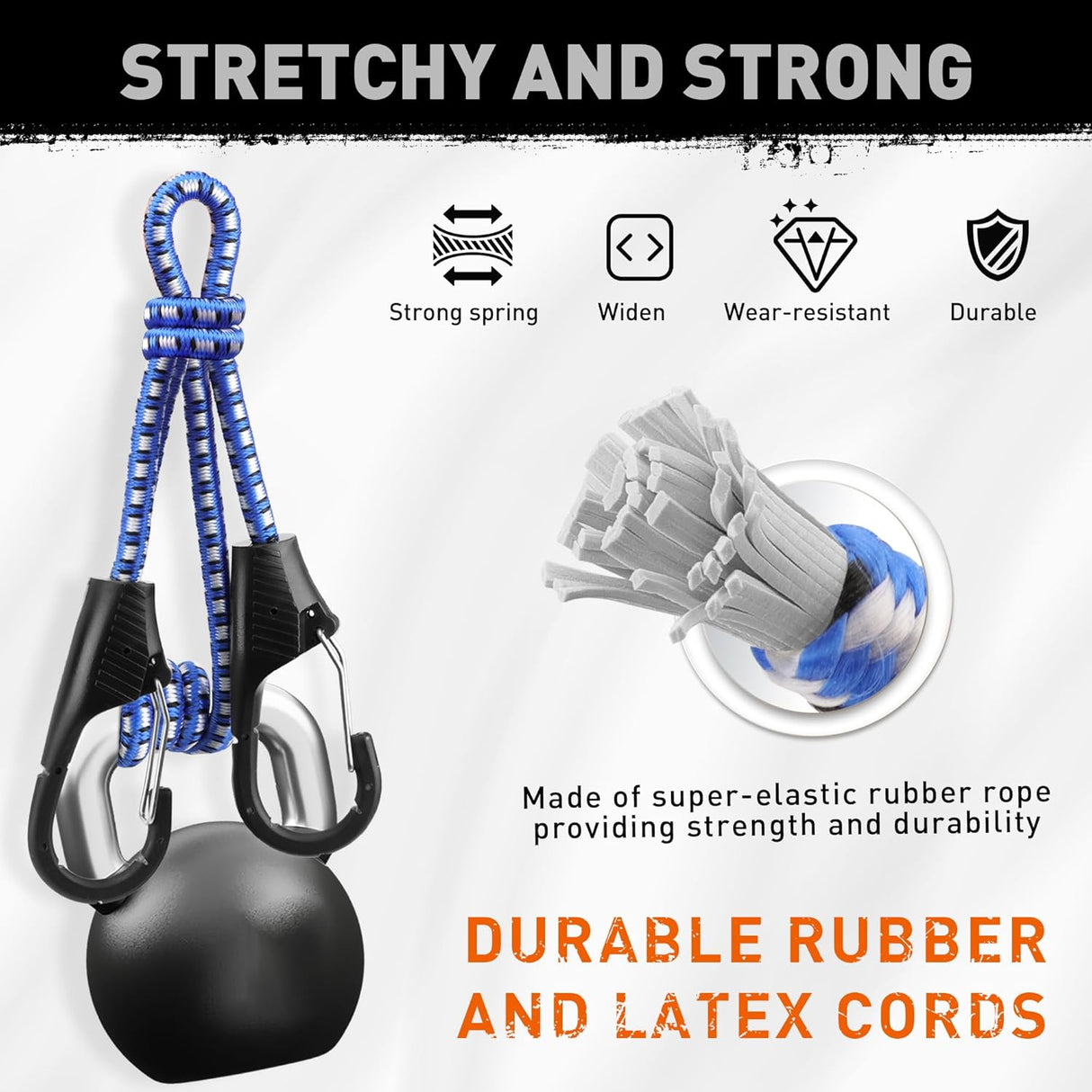 Heavy-duty 30-inch blue bungee cords with carabiner hooks for secure outdoor and indoor tie-down