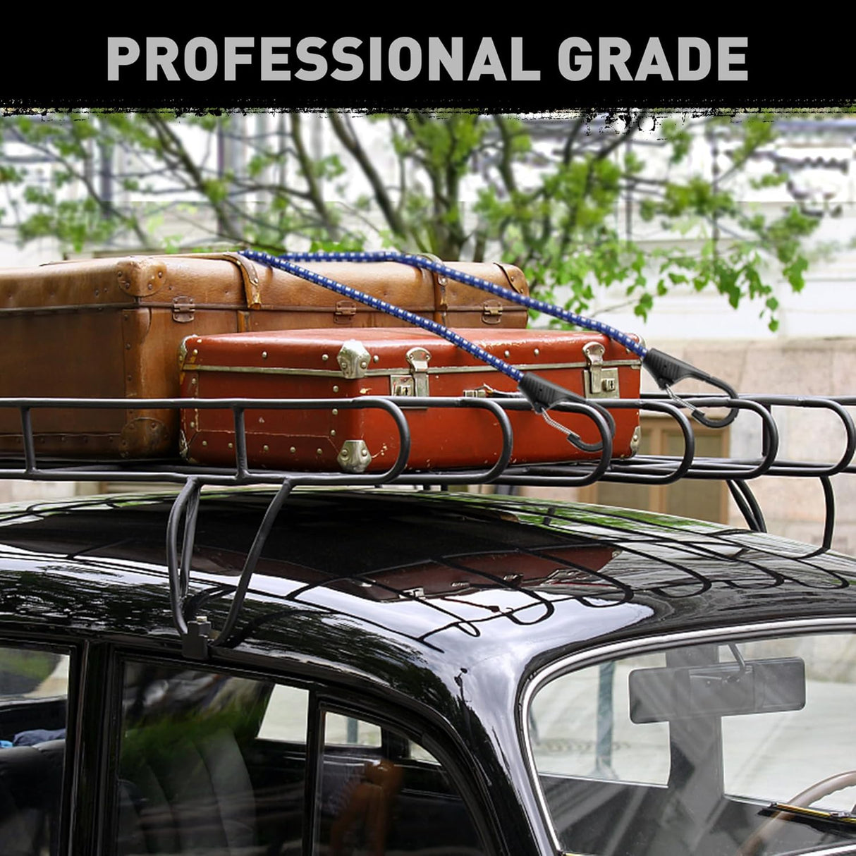 Heavy-duty 30-inch blue bungee cords with carabiner hooks for secure outdoor and indoor tie-down