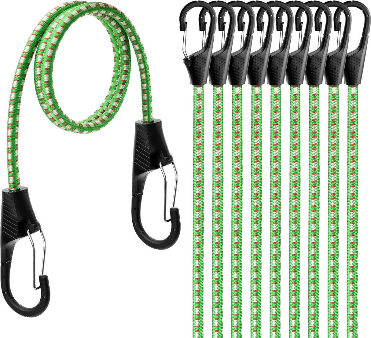 HORUSDY 48-inch heavy-duty green bungee cords with spring lock hooks, 9mm thick, for securing cargo, luggage, rooftop storage, and outdoor use