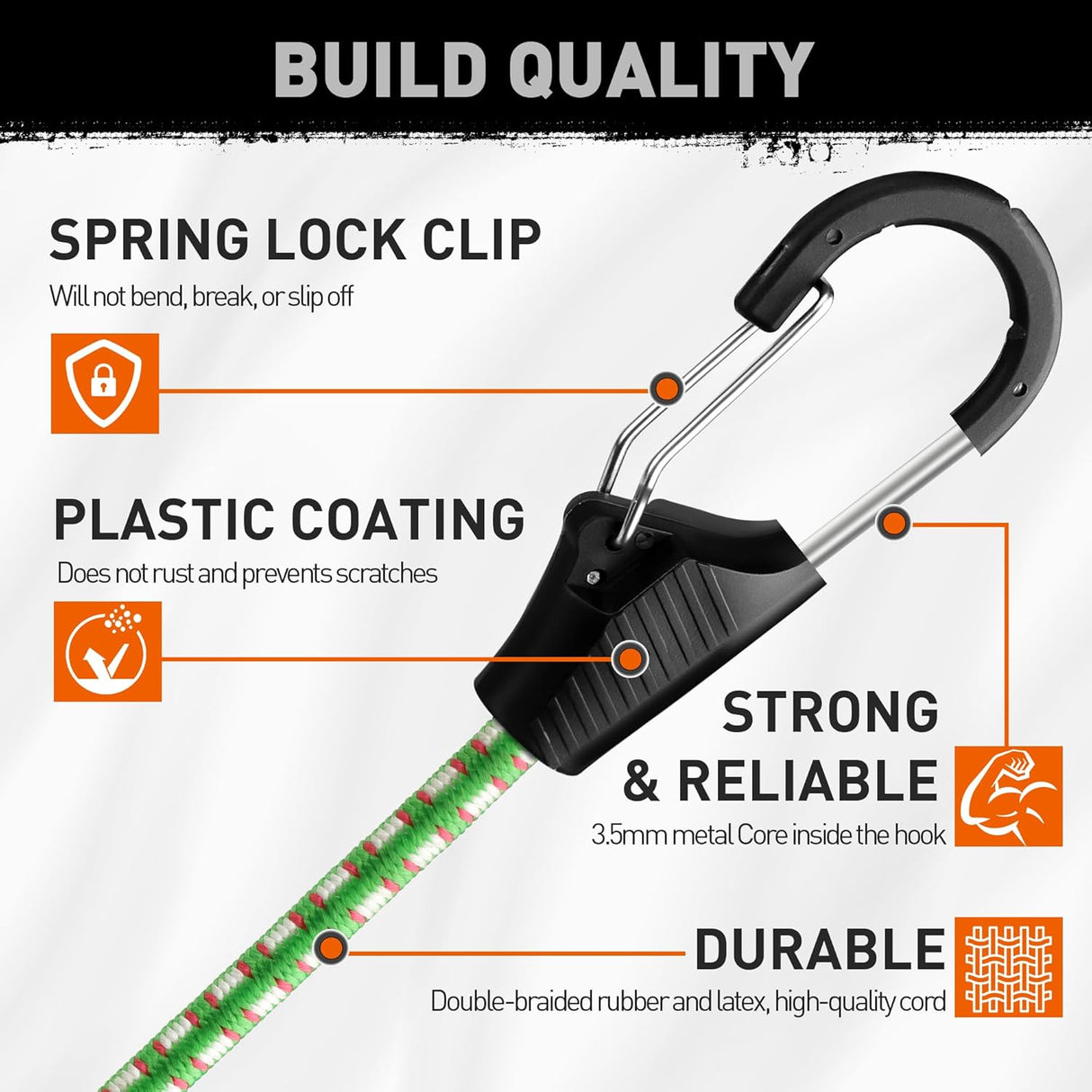 HORUSDY 48-inch heavy-duty green bungee cords with spring lock hooks, 9mm thick, for securing cargo, luggage, rooftop storage, and outdoor use