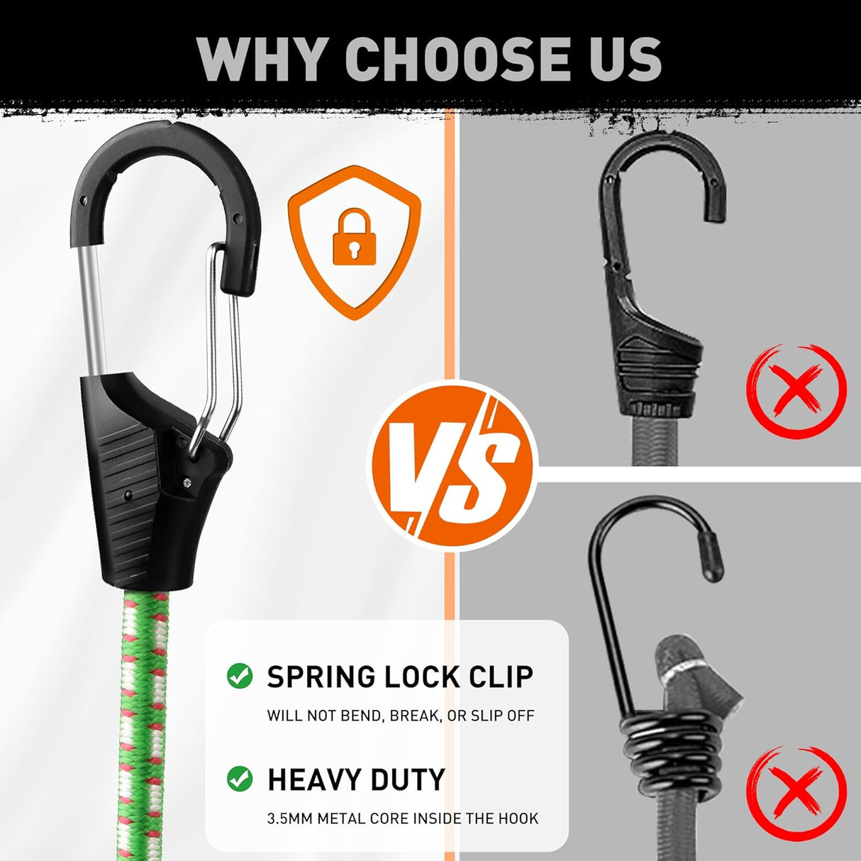 HORUSDY 48-inch heavy-duty green bungee cords with spring lock hooks, 9mm thick, for securing cargo, luggage, rooftop storage, and outdoor use