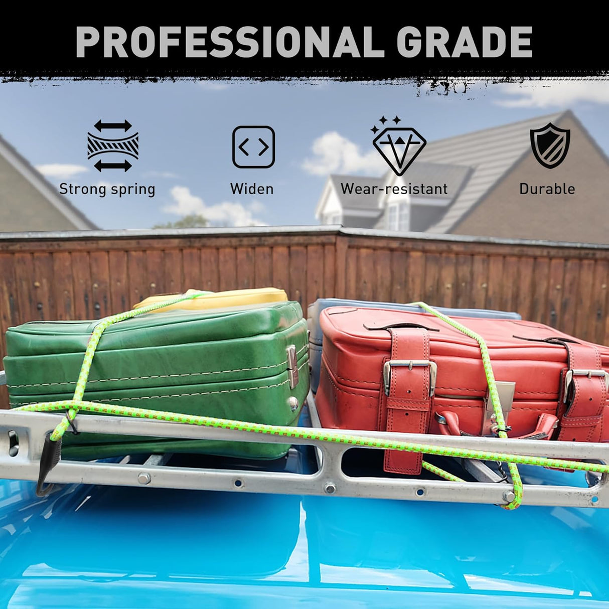 HORUSDY 48-inch heavy-duty green bungee cords with spring lock hooks, 9mm thick, for securing cargo, luggage, rooftop storage, and outdoor use