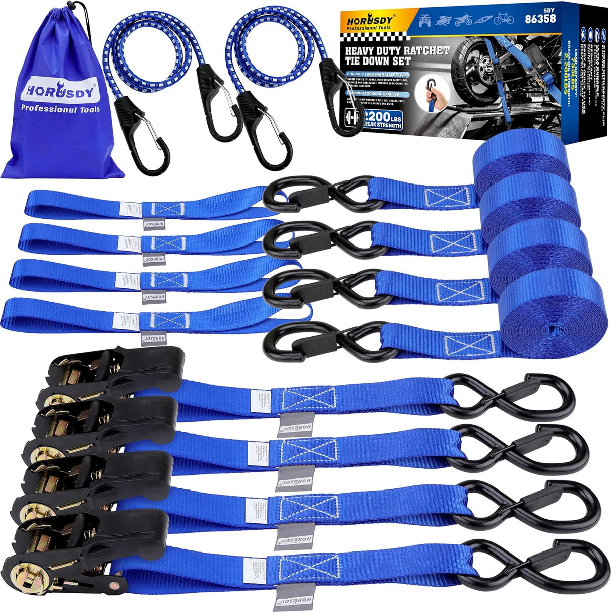 HORUSDY 2200LBS heavy-duty ratchet tie down straps kit with bungee cords, soft loops, and coated S-hooks for motorcycles, ATVs, trailers, and cargo security