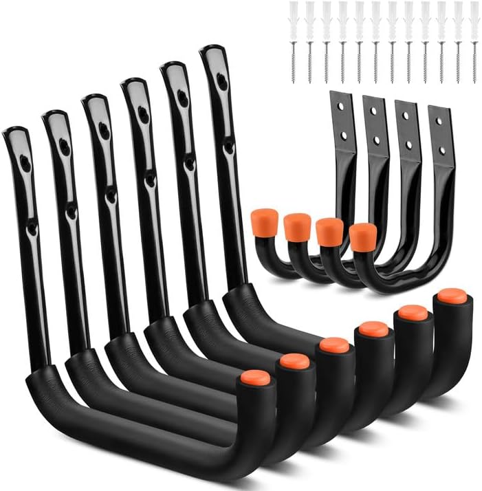 HORUSDY 10-pack heavy-duty garage storage hooks with orange rubber tips and mounting hardware, supports up to 66lbs for ladders, bikes, tools, and garden gear.
