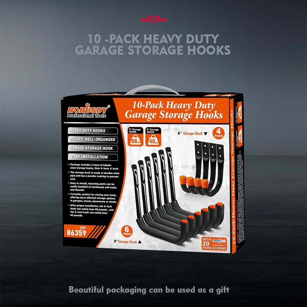 HORUSDY 10-pack heavy-duty garage storage hooks with orange rubber tips and mounting hardware, supports up to 66lbs for ladders, bikes, tools, and garden gear.