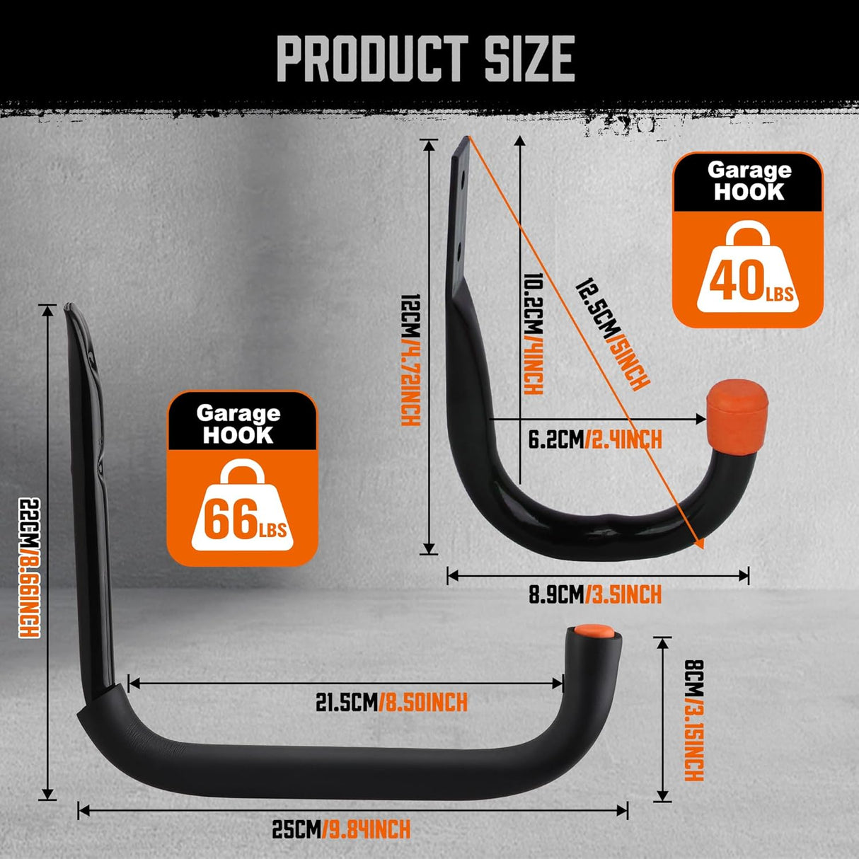 HORUSDY 10-pack heavy-duty garage storage hooks with orange rubber tips and mounting hardware, supports up to 66lbs for ladders, bikes, tools, and garden gear.