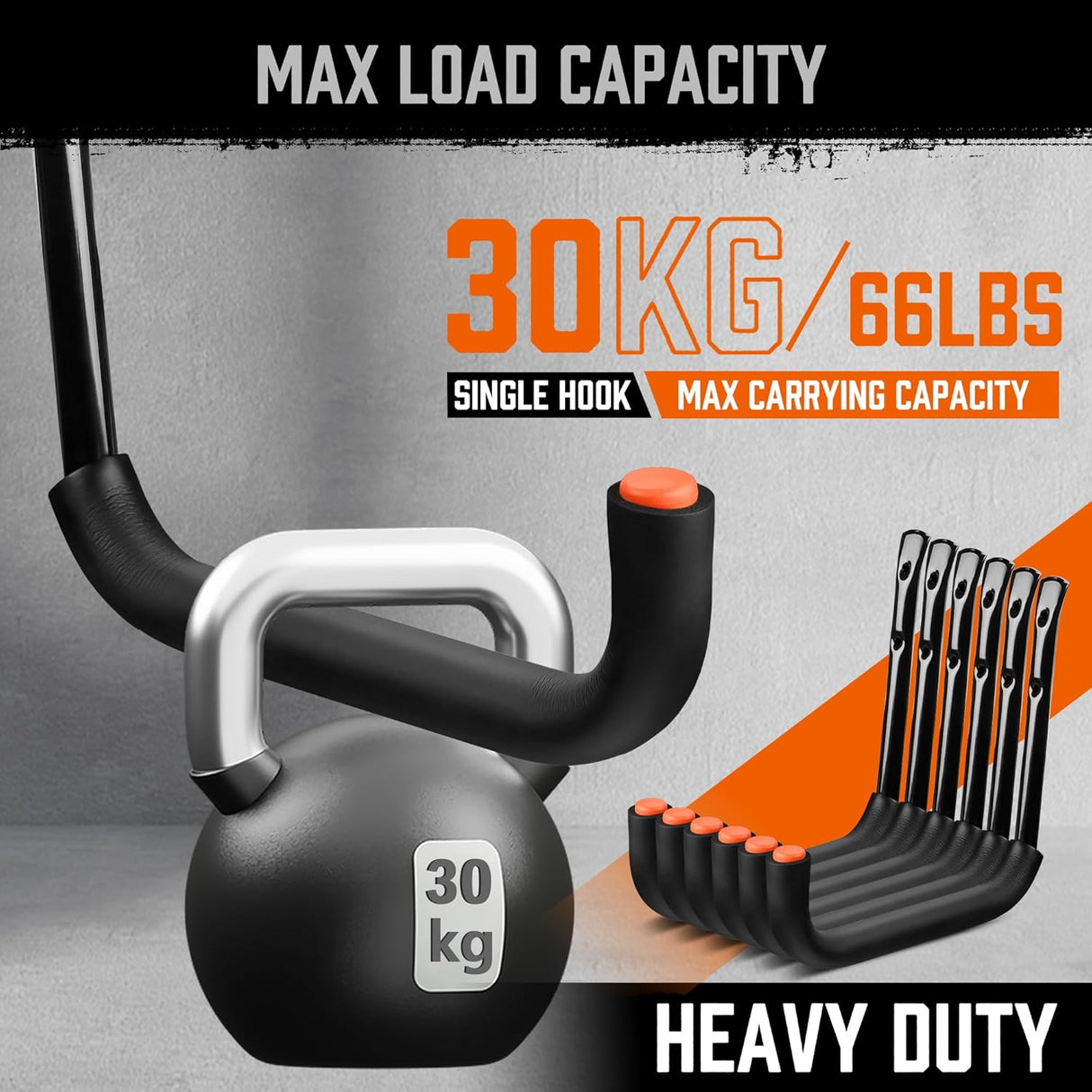 HORUSDY 10-pack heavy-duty garage storage hooks with orange rubber tips and mounting hardware, supports up to 66lbs for ladders, bikes, tools, and garden gear.