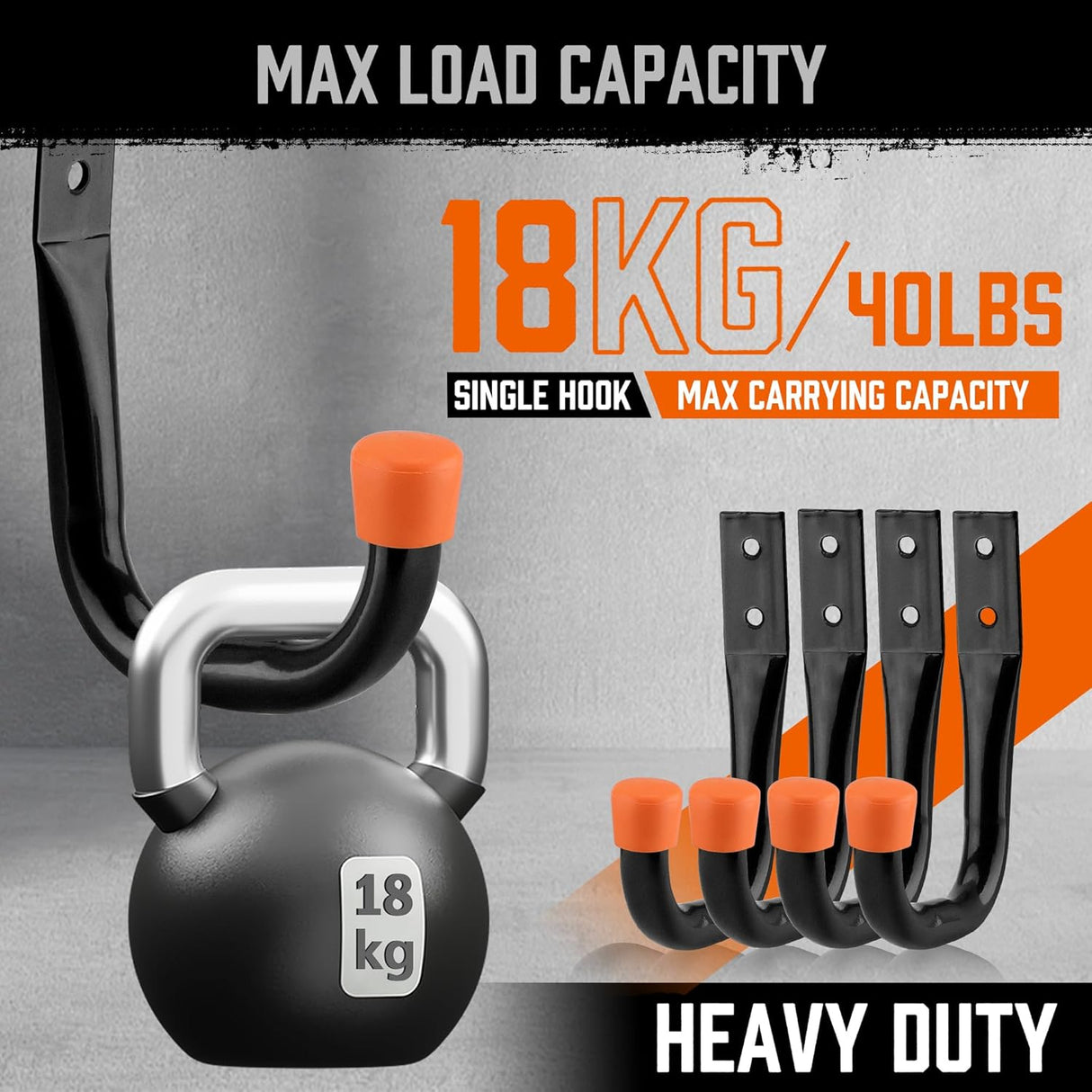 HORUSDY 10-pack heavy-duty garage storage hooks with orange rubber tips and mounting hardware, supports up to 66lbs for ladders, bikes, tools, and garden gear.