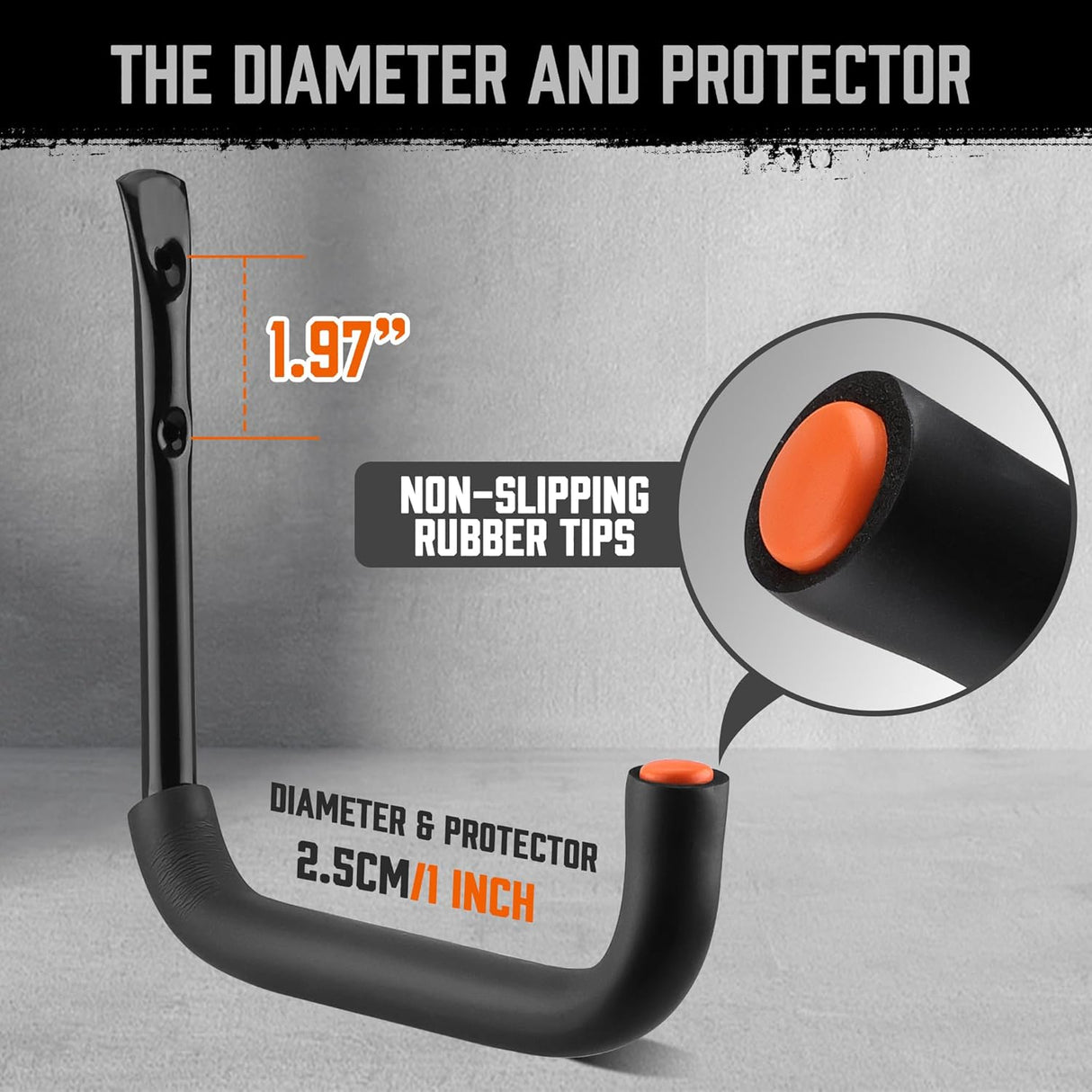 HORUSDY 10-pack heavy-duty garage storage hooks with orange rubber tips and mounting hardware, supports up to 66lbs for ladders, bikes, tools, and garden gear.