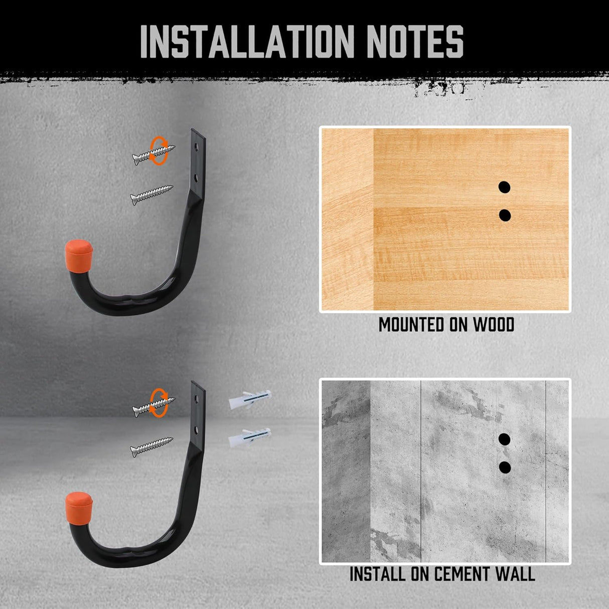 HORUSDY 10-pack heavy-duty garage storage hooks with orange rubber tips and mounting hardware, supports up to 66lbs for ladders, bikes, tools, and garden gear.