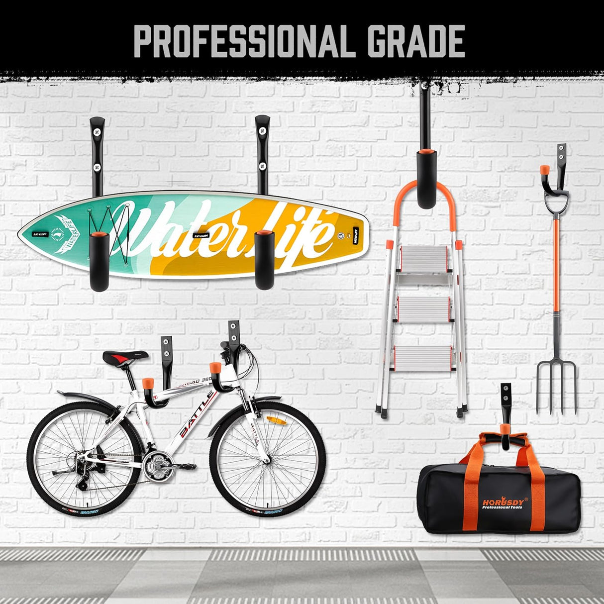 HORUSDY 10-pack heavy-duty garage storage hooks with orange rubber tips and mounting hardware, supports up to 66lbs for ladders, bikes, tools, and garden gear.