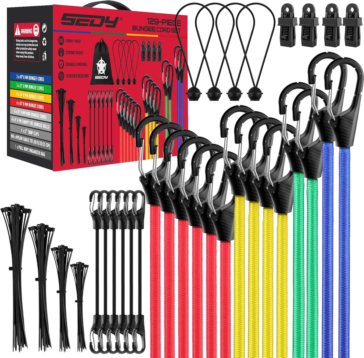 129-piece bungee cord set with assorted elastic tie downs, carabiner hooks, tarp clips, ball bungees, zip ties, and storage bag for camping or transport