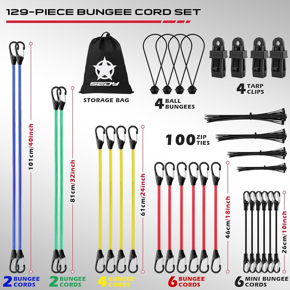 129-piece bungee cord set with assorted elastic tie downs, carabiner hooks, tarp clips, ball bungees, zip ties, and storage bag for camping or transport
