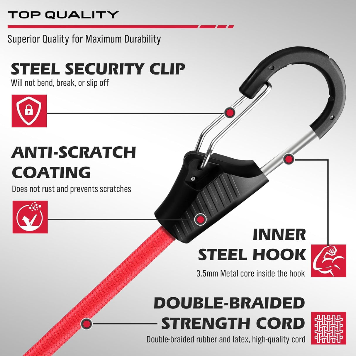 129-piece bungee cord set with assorted elastic tie downs, carabiner hooks, tarp clips, ball bungees, zip ties, and storage bag for camping or transport