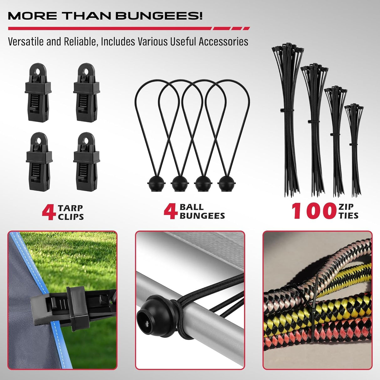 129-piece bungee cord set with assorted elastic tie downs, carabiner hooks, tarp clips, ball bungees, zip ties, and storage bag for camping or transport