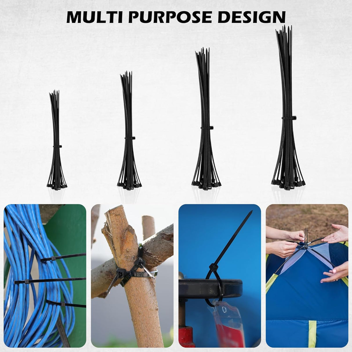 129-piece bungee cord set with assorted elastic tie downs, carabiner hooks, tarp clips, ball bungees, zip ties, and storage bag for camping or transport