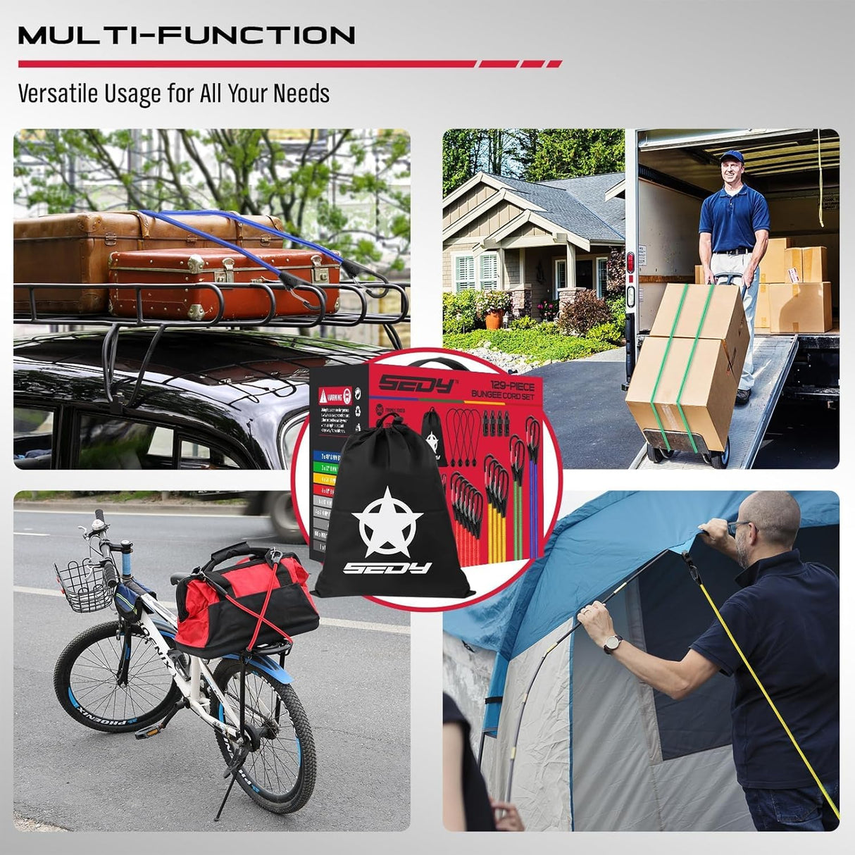 129-piece bungee cord set with assorted elastic tie downs, carabiner hooks, tarp clips, ball bungees, zip ties, and storage bag for camping or transport