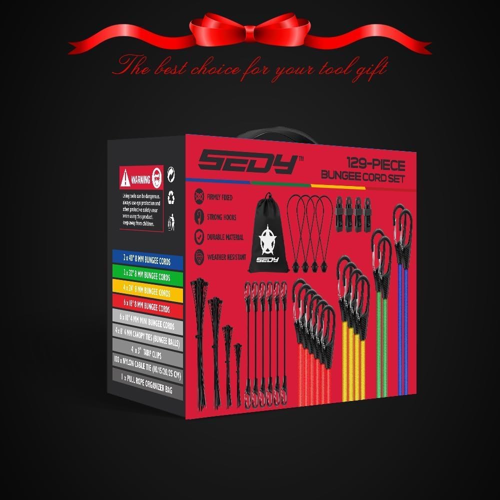 129-piece bungee cord set with assorted elastic tie downs, carabiner hooks, tarp clips, ball bungees, zip ties, and storage bag for camping or transport