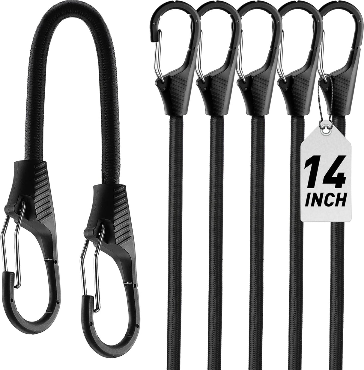 5-pack 14-inch heavy duty black bungee cords with carabiner clips, double-braided elastic straps for secure outdoor cargo use