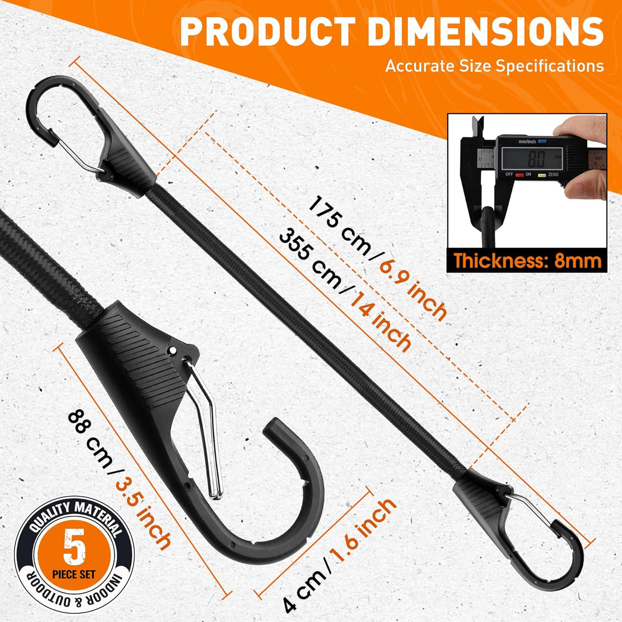 5-pack 14-inch heavy duty black bungee cords with carabiner clips, double-braided elastic straps for secure outdoor cargo use