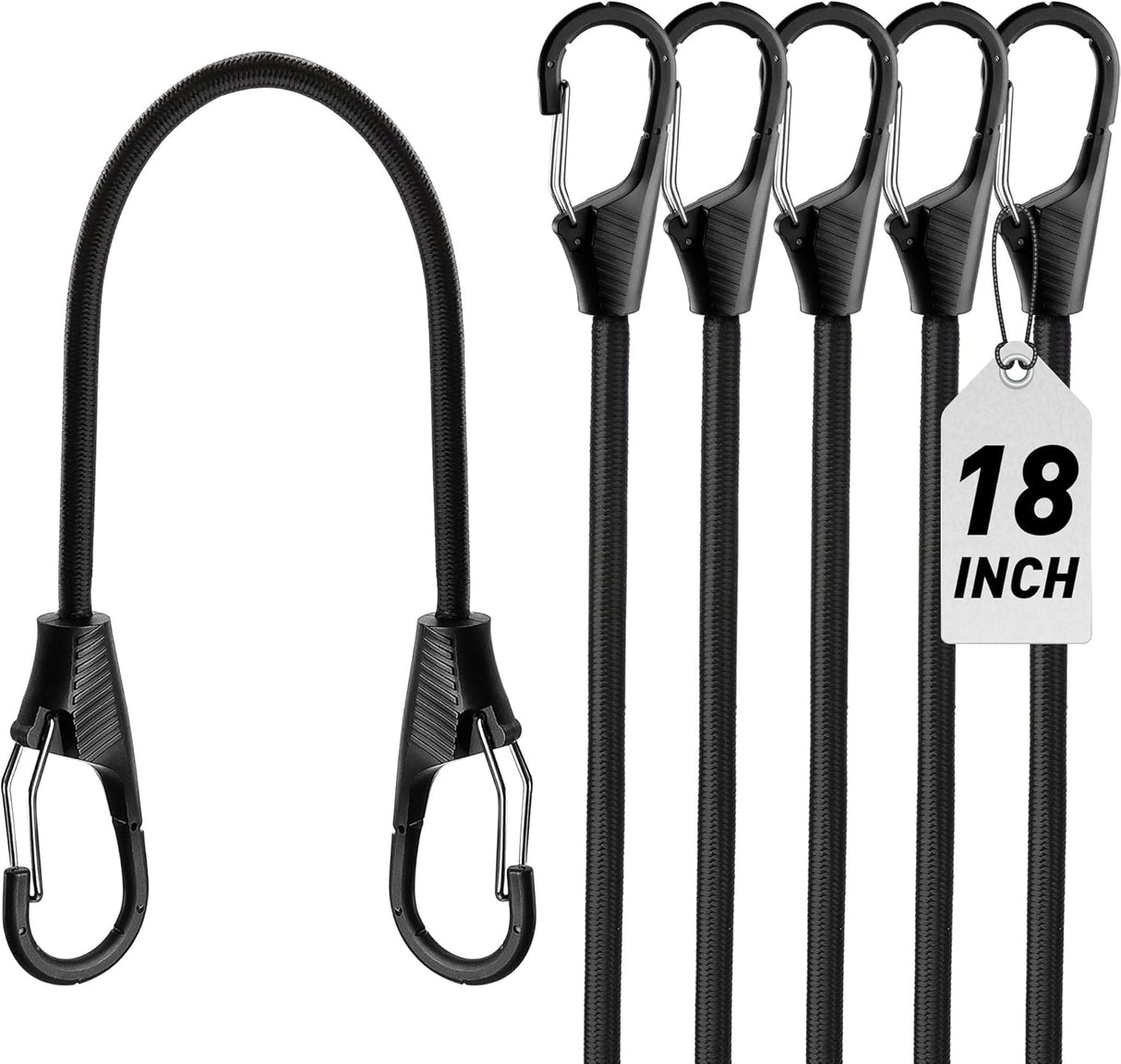 Heavy duty 18-inch bungee cords with spring lock hooks for cargo, bike racks, and outdoor gear securing