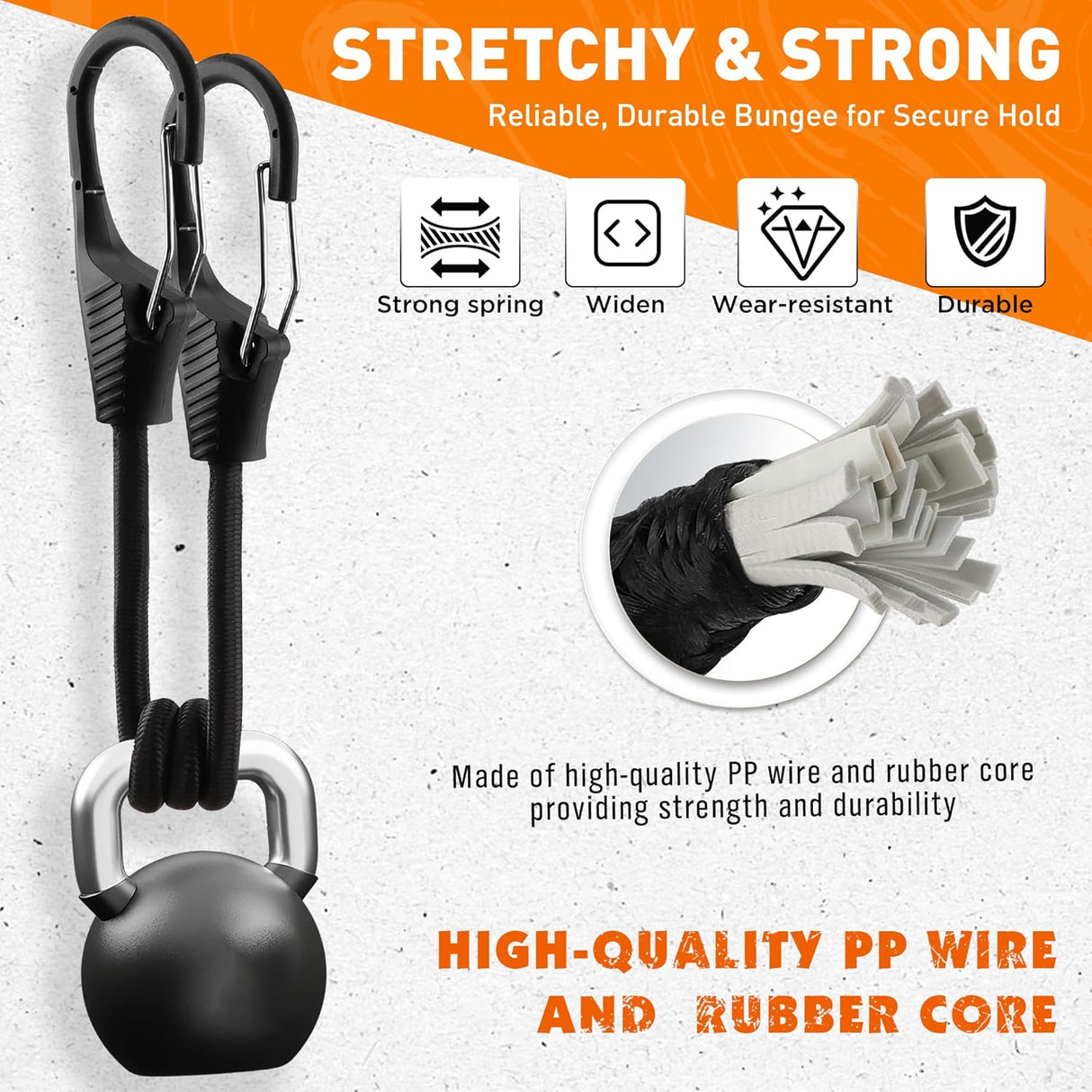 Heavy duty 18-inch bungee cords with spring lock hooks for cargo, bike racks, and outdoor gear securing