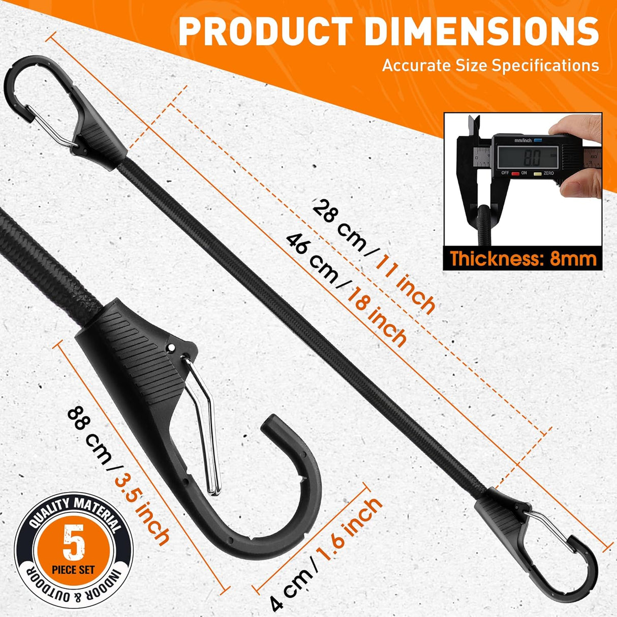 Heavy duty 18-inch bungee cords with spring lock hooks for cargo, bike racks, and outdoor gear securing