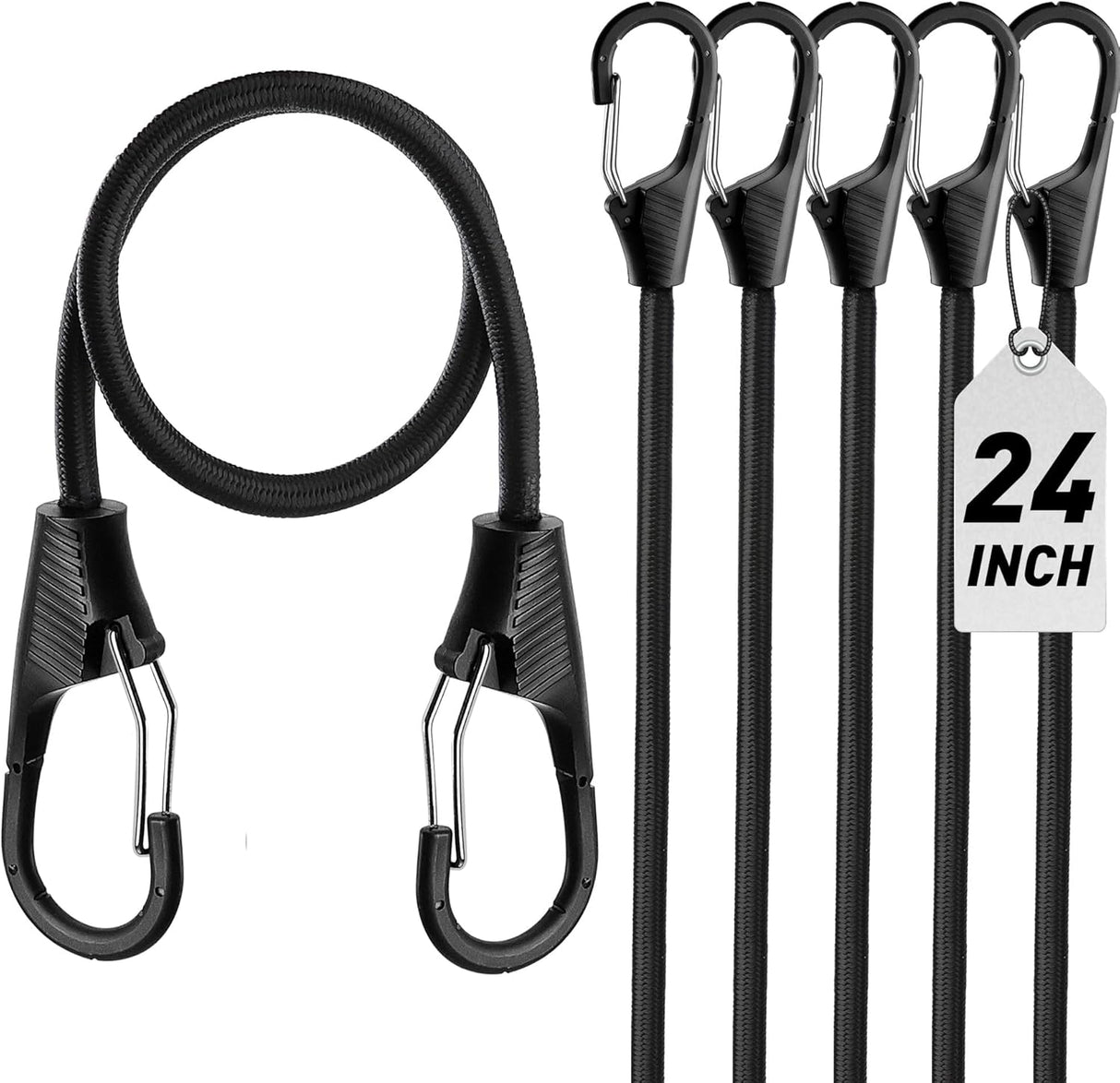 HORUSDY 5-Pack 24 Inch Heavy Duty Bungee Cords with Locking Hooks, 8mm Thick Tie Down Straps for Cargo, Bike, Outdoor Use
