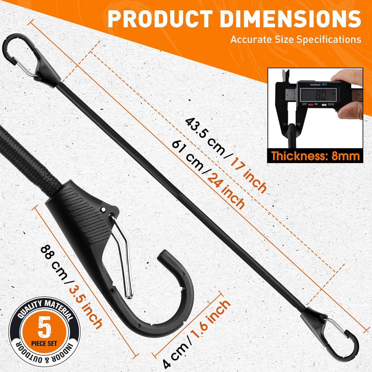 HORUSDY 5-Pack 24 Inch Heavy Duty Bungee Cords with Locking Hooks, 8mm Thick Tie Down Straps for Cargo, Bike, Outdoor Use