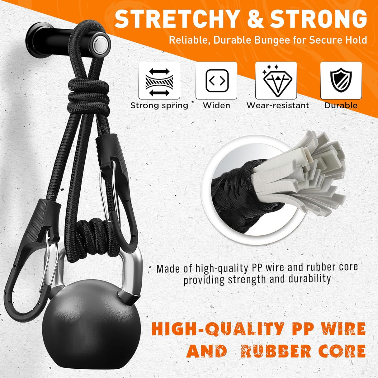 32-inch heavy duty bungee cords with locking steel hooks for securing outdoor gear, cargo, and bikes
