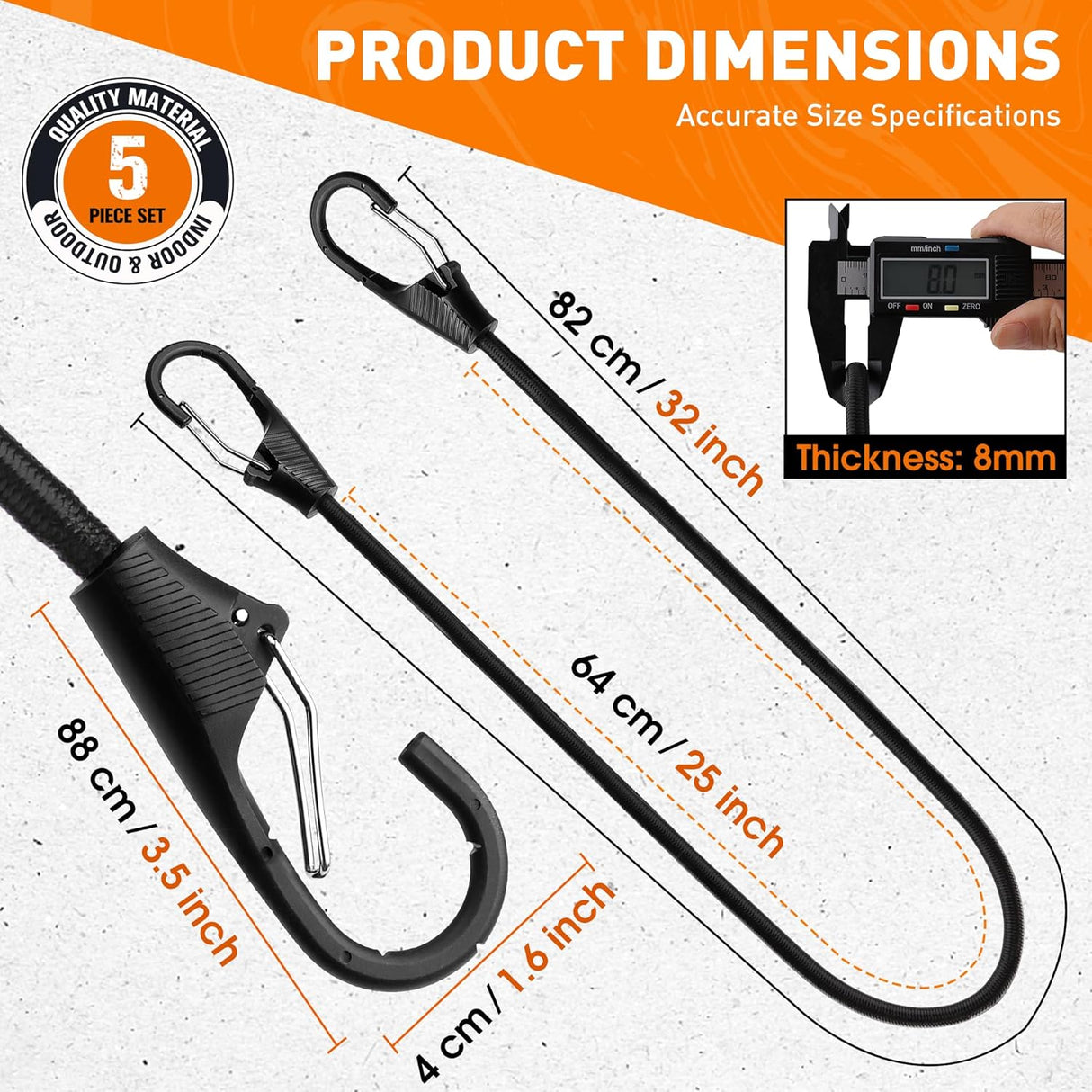 32-inch heavy duty bungee cords with locking steel hooks for securing outdoor gear, cargo, and bikes