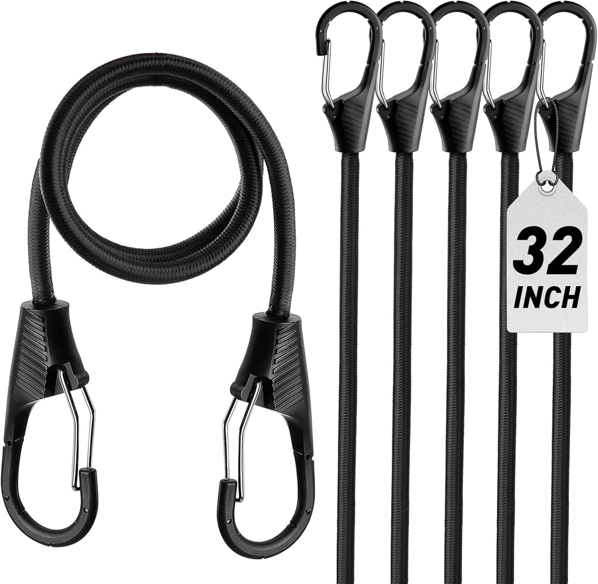 32-inch heavy duty bungee cords with locking steel hooks for securing outdoor gear, cargo, and bikes