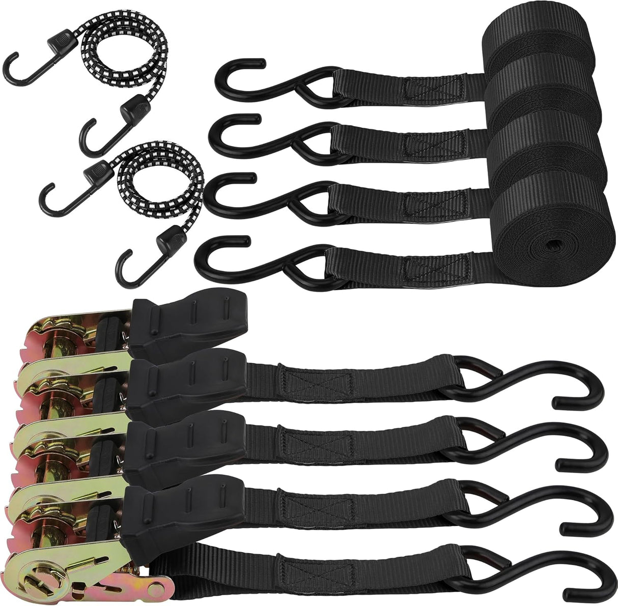 Heavy-duty ratchet tie down strap set with ergonomic handles, coated S-hooks, and bungee cords for secure cargo transport