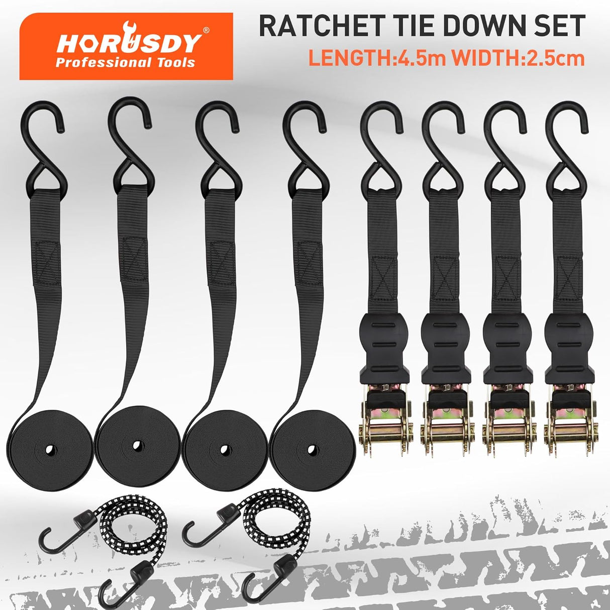 Heavy-duty ratchet tie down strap set with ergonomic handles, coated S-hooks, and bungee cords for secure cargo transport