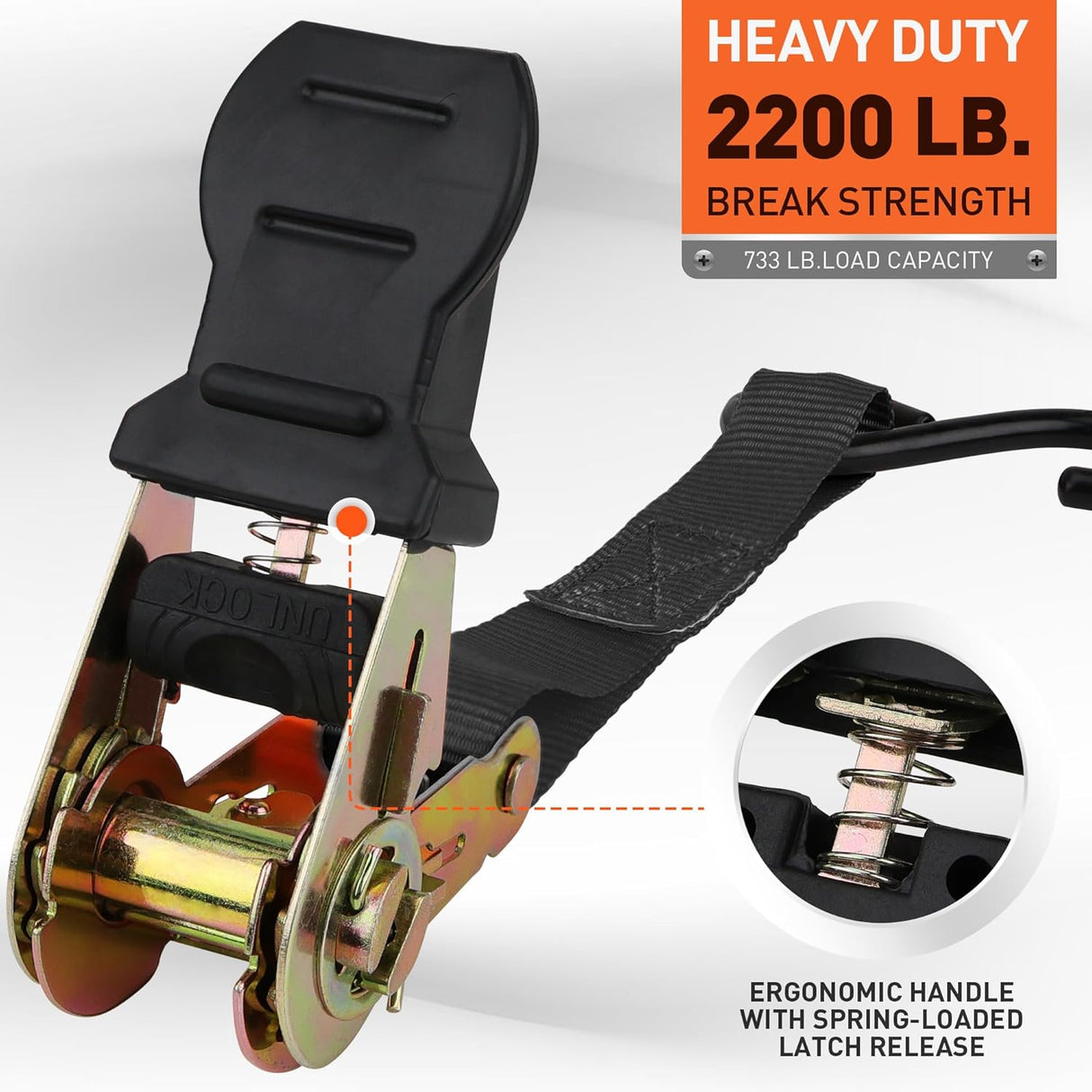 Heavy-duty ratchet tie down strap set with ergonomic handles, coated S-hooks, and bungee cords for secure cargo transport