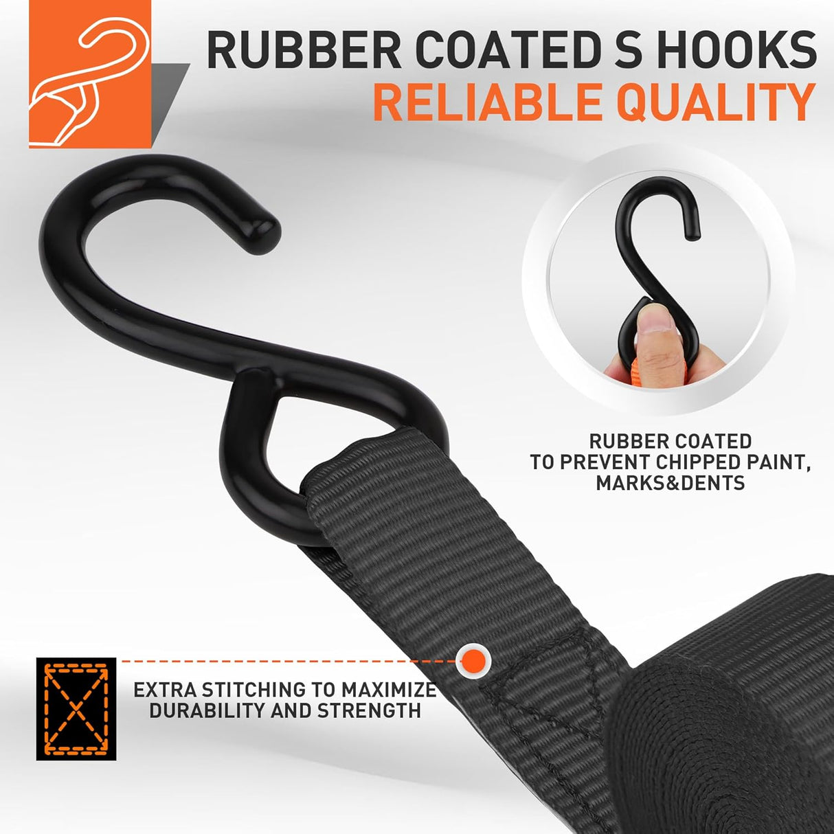Heavy-duty ratchet tie down strap set with ergonomic handles, coated S-hooks, and bungee cords for secure cargo transport