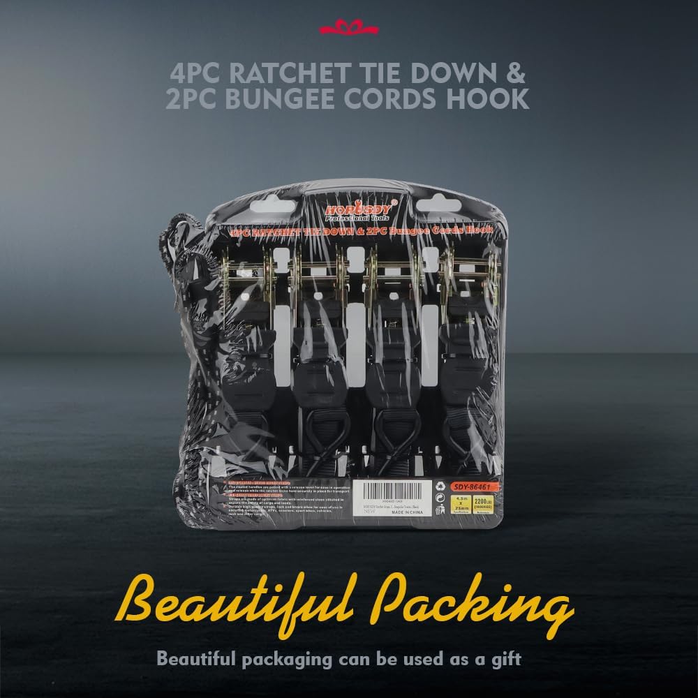 Heavy-duty ratchet tie down strap set with ergonomic handles, coated S-hooks, and bungee cords for secure cargo transport