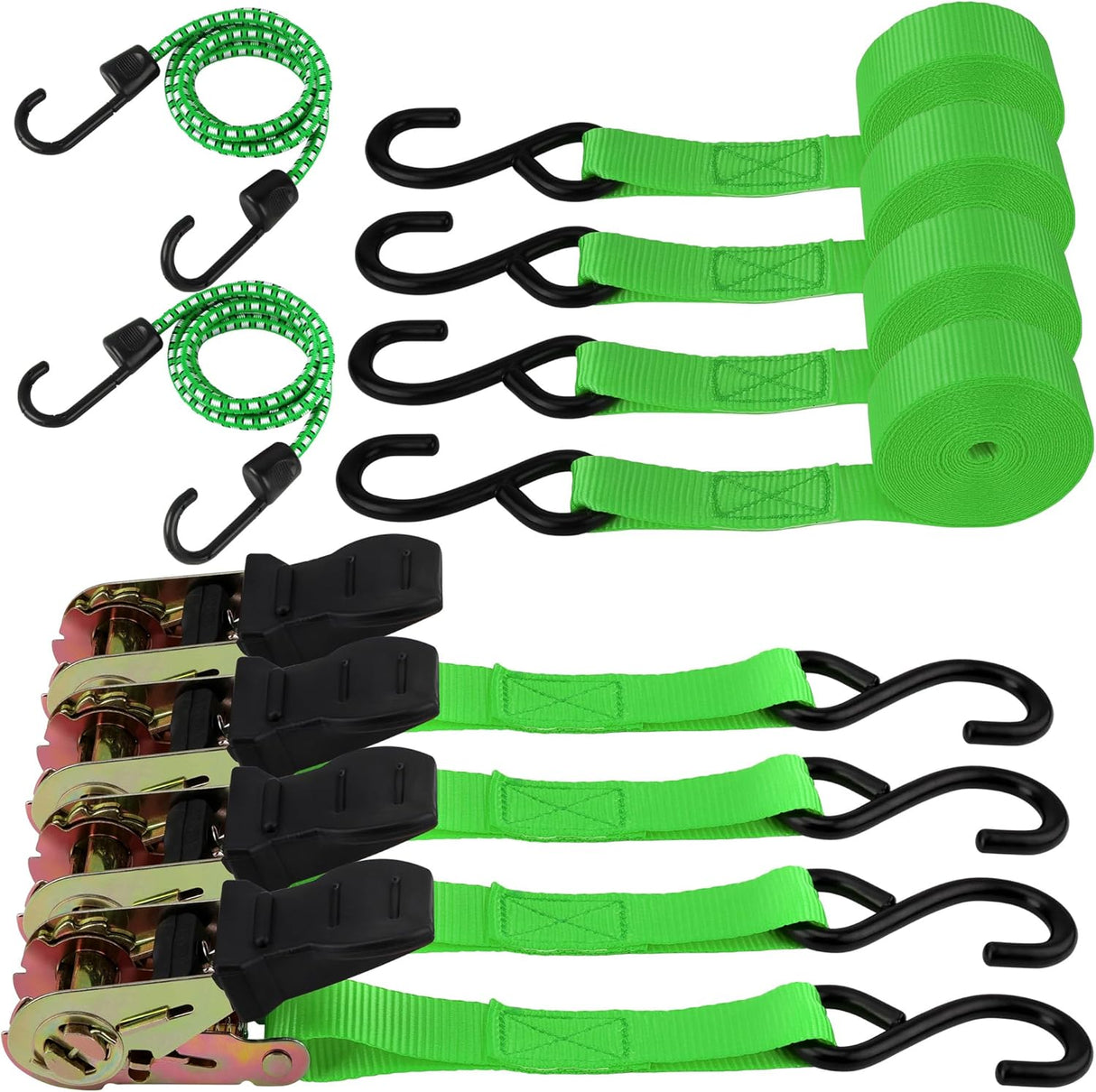 Heavy-duty ratchet tie down strap set with ergonomic handles, coated S-hooks, and bungee cords for secure cargo transport