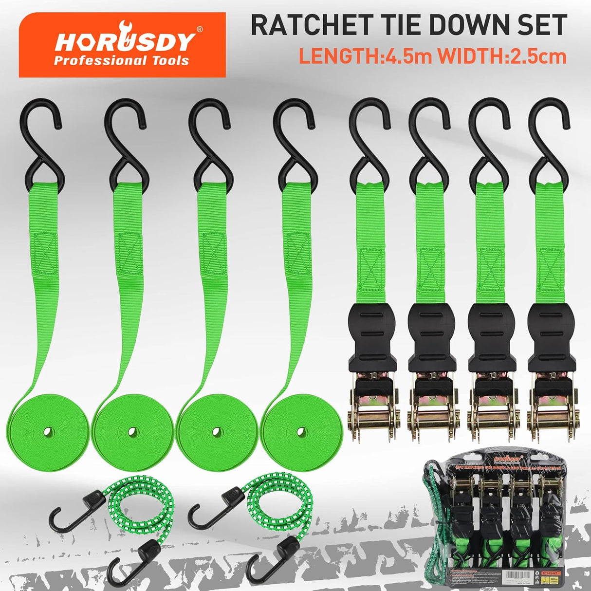 Heavy-duty ratchet tie down strap set with ergonomic handles, coated S-hooks, and bungee cords for secure cargo transport