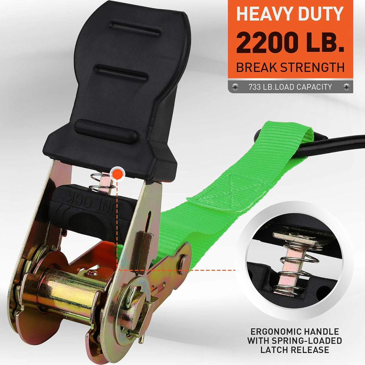 Heavy-duty ratchet tie down strap set with ergonomic handles, coated S-hooks, and bungee cords for secure cargo transport