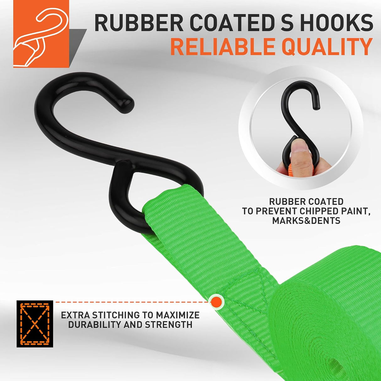 Heavy-duty ratchet tie down strap set with ergonomic handles, coated S-hooks, and bungee cords for secure cargo transport
