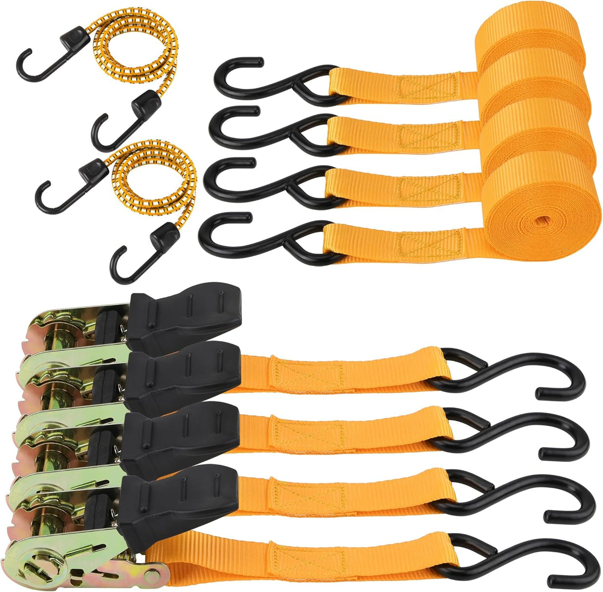 Heavy-duty ratchet tie down strap set with ergonomic handles, coated S-hooks, and bungee cords for secure cargo transport