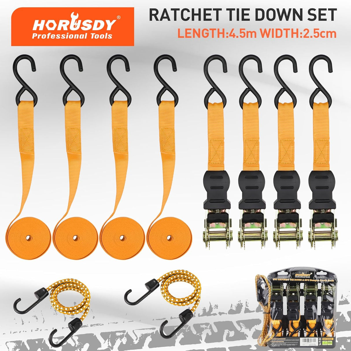 Heavy-duty ratchet tie down strap set with ergonomic handles, coated S-hooks, and bungee cords for secure cargo transport