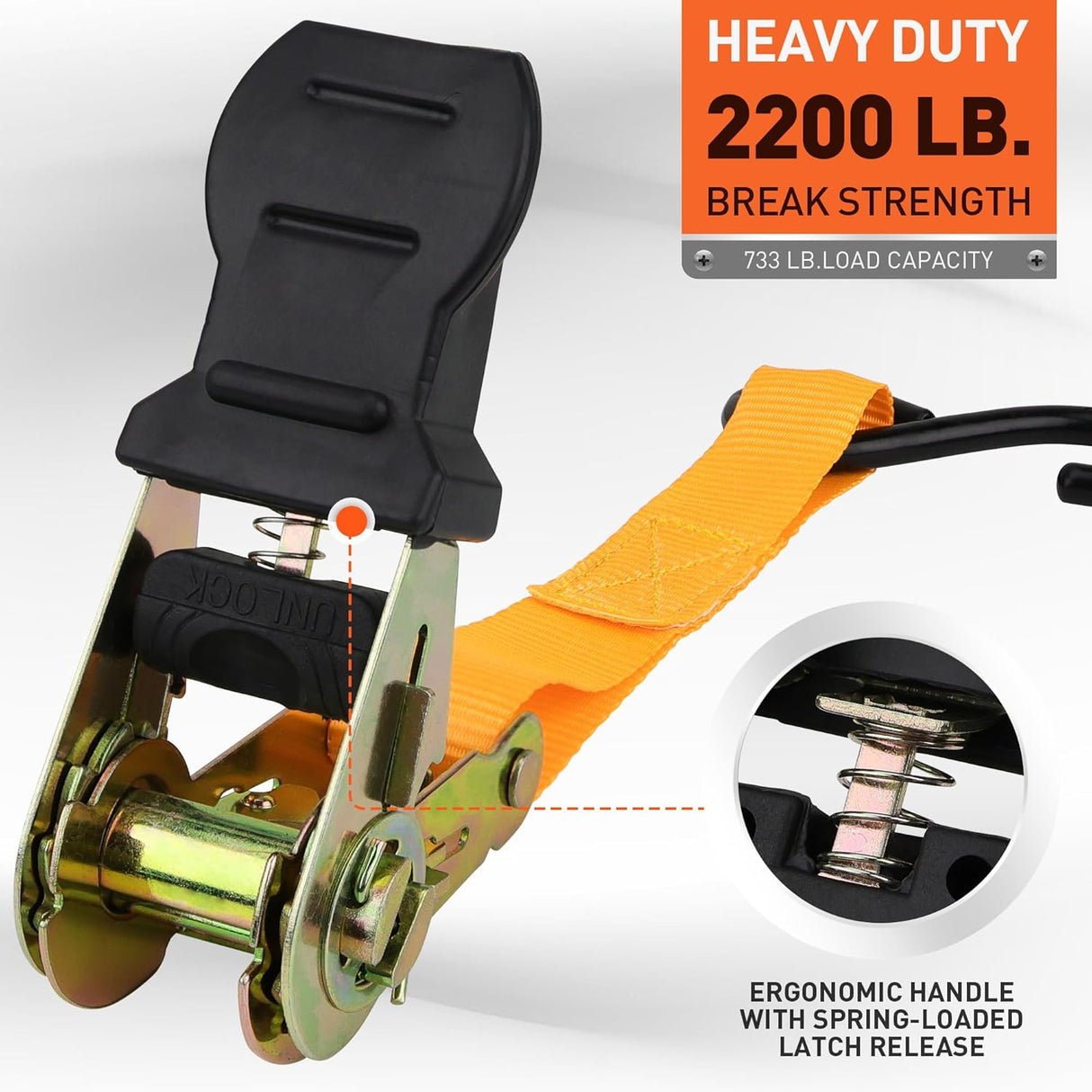 Heavy-duty ratchet tie down strap set with ergonomic handles, coated S-hooks, and bungee cords for secure cargo transport
