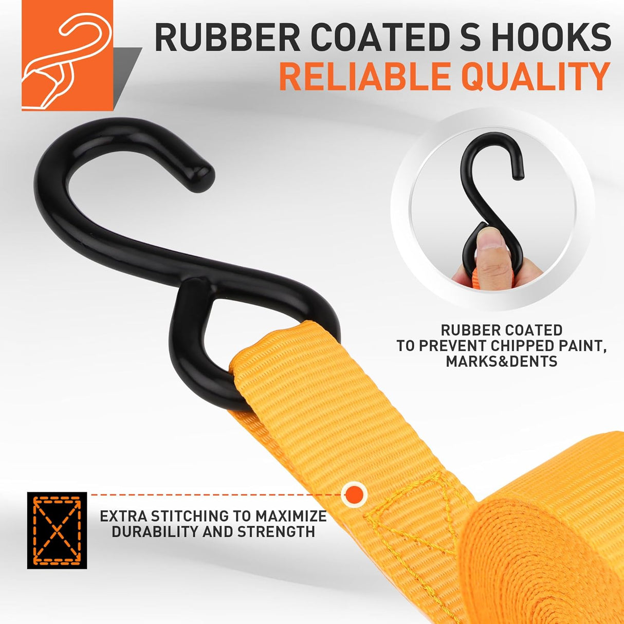 Heavy-duty ratchet tie down strap set with ergonomic handles, coated S-hooks, and bungee cords for secure cargo transport