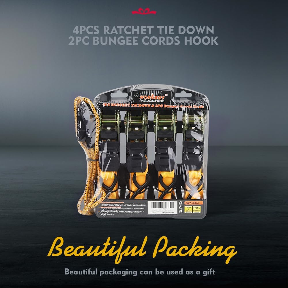 Heavy-duty ratchet tie down strap set with ergonomic handles, coated S-hooks, and bungee cords for secure cargo transport