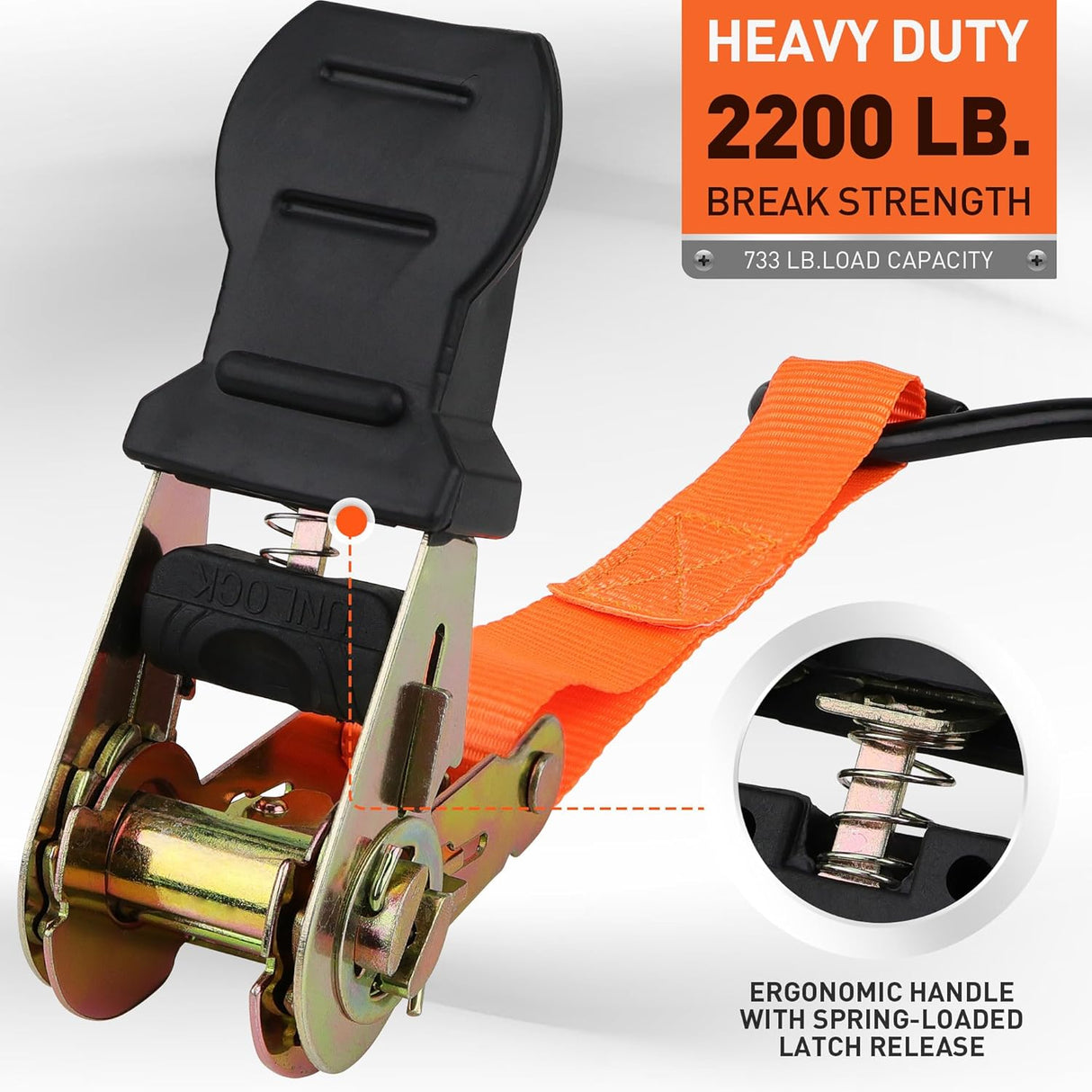 Heavy-duty ratchet tie down strap set with ergonomic handles, coated S-hooks, and bungee cords for secure cargo transport