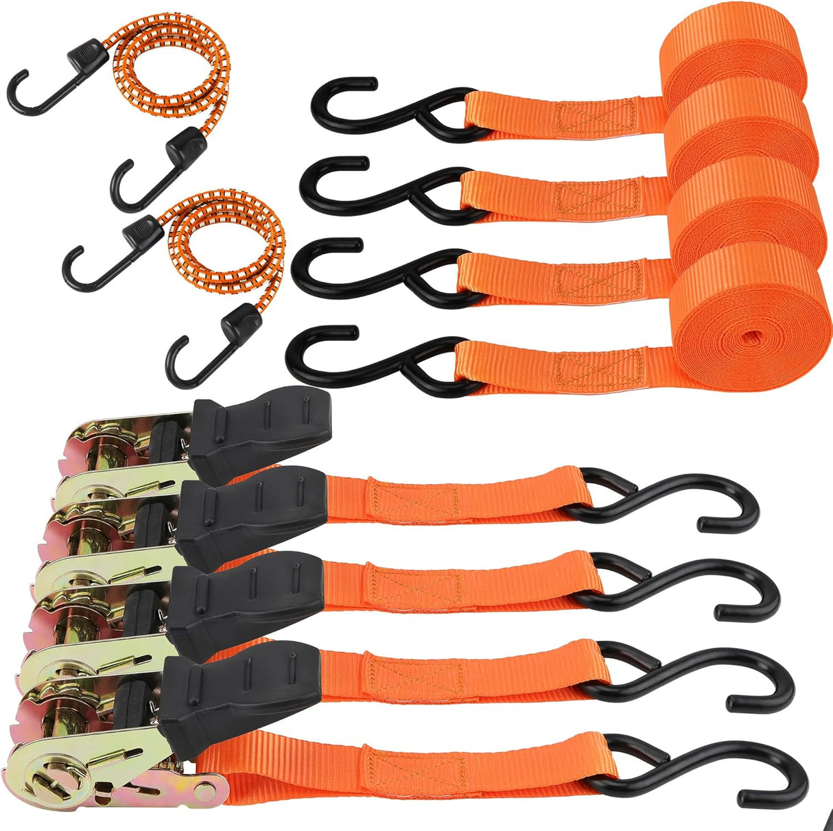 Heavy-duty ratchet tie down strap set with ergonomic handles, coated S-hooks, and bungee cords for secure cargo transport