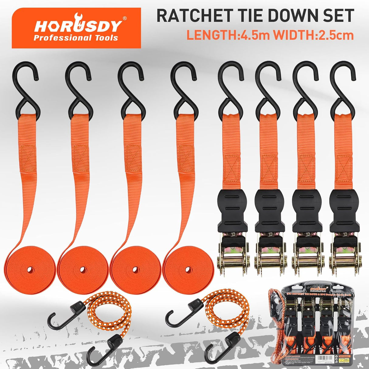 Heavy-duty ratchet tie down strap set with ergonomic handles, coated S-hooks, and bungee cords for secure cargo transport