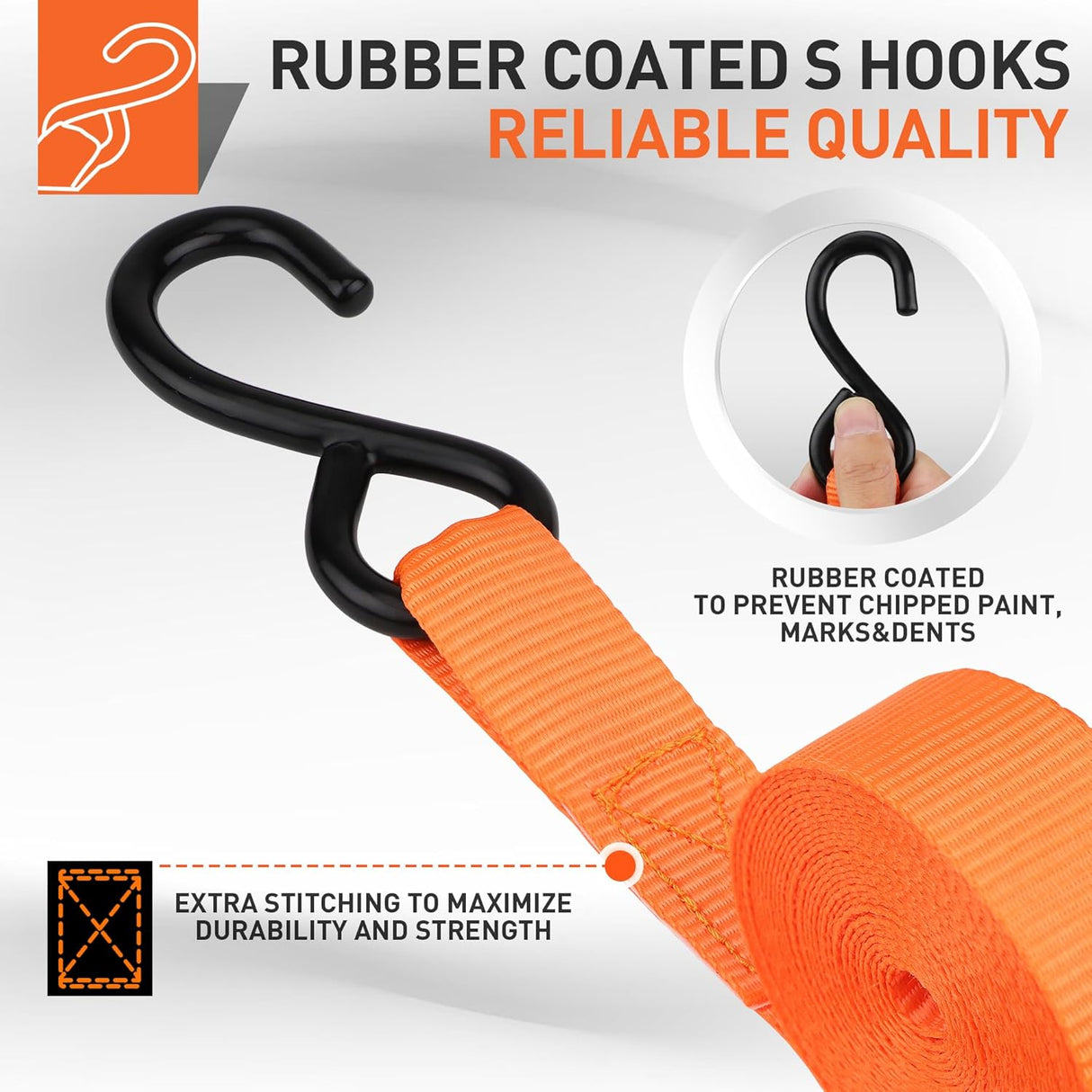 Heavy-duty ratchet tie down strap set with ergonomic handles, coated S-hooks, and bungee cords for secure cargo transport